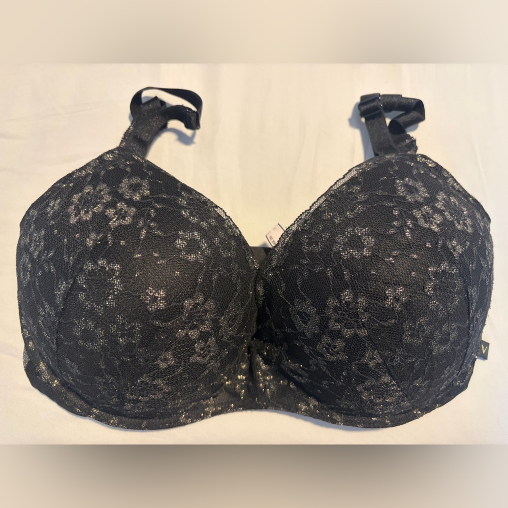 VIctoria Secret Black Lace Wireless Bra with Gold Floral Pattern